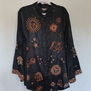 Johnny Was Astrology Theme Black Tunic with Gold Embroidery